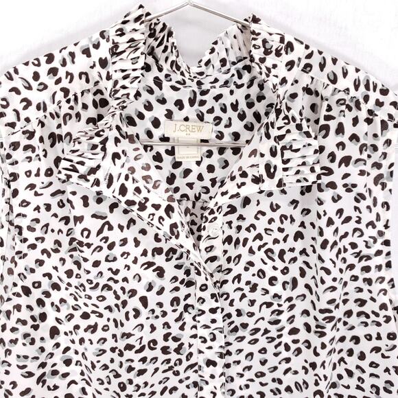 J Crew Blouse Womens 0 Black White Gray Leopard Print Sleeveless Ruffle Neck Top - Picture 2 of 6